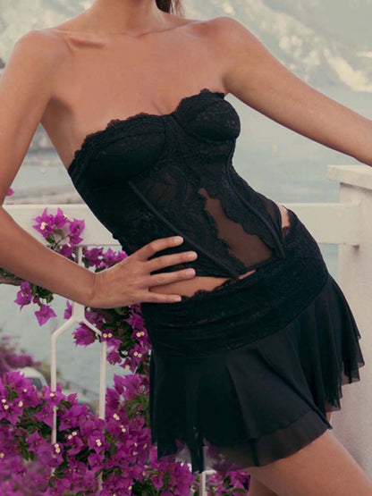 Collage Lace See-through Chest Wrap Skirt Suit