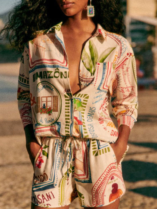 Long-Sleeved Casual Suit, Loose Vacation Drawstring Pocket Two-Piece et